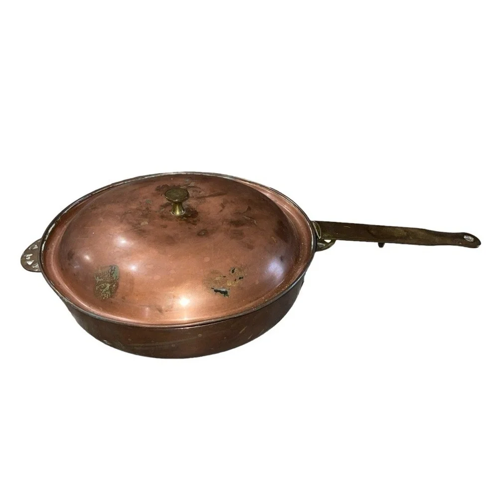 Vtg Copper Fry Skillet Pan Brass Handles 10 Inch Patina Farmhouse Decoration